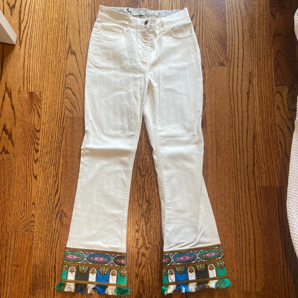 ETRO embroidered bell bottom white denim jeans